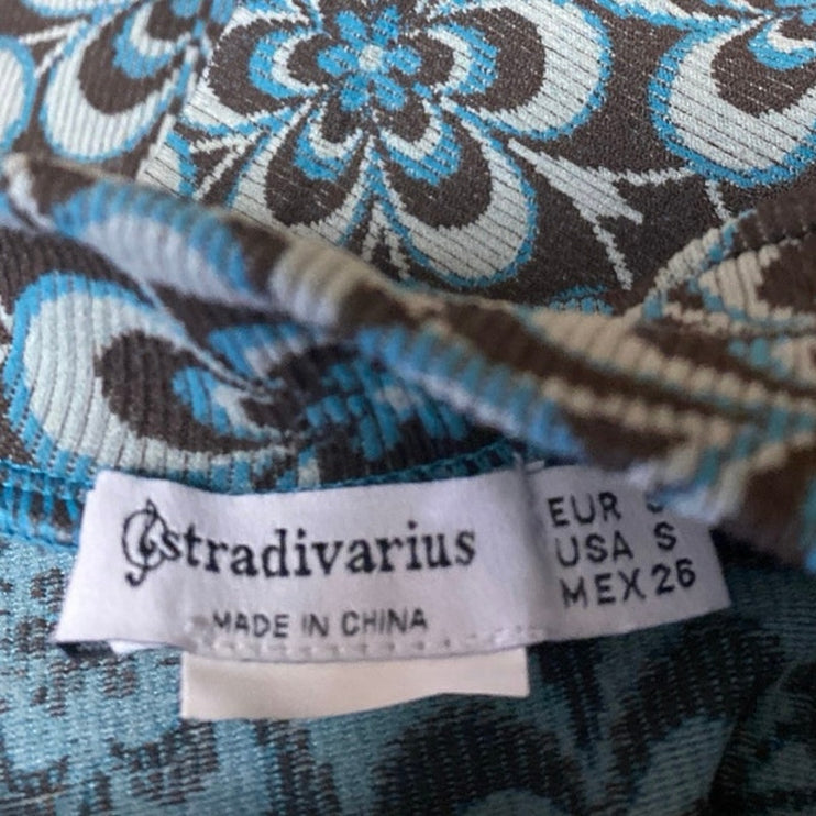 Stradivarius Blue Brown Floral Knit Mock Neck Long Sleeve Crop Sweater Top Sz S