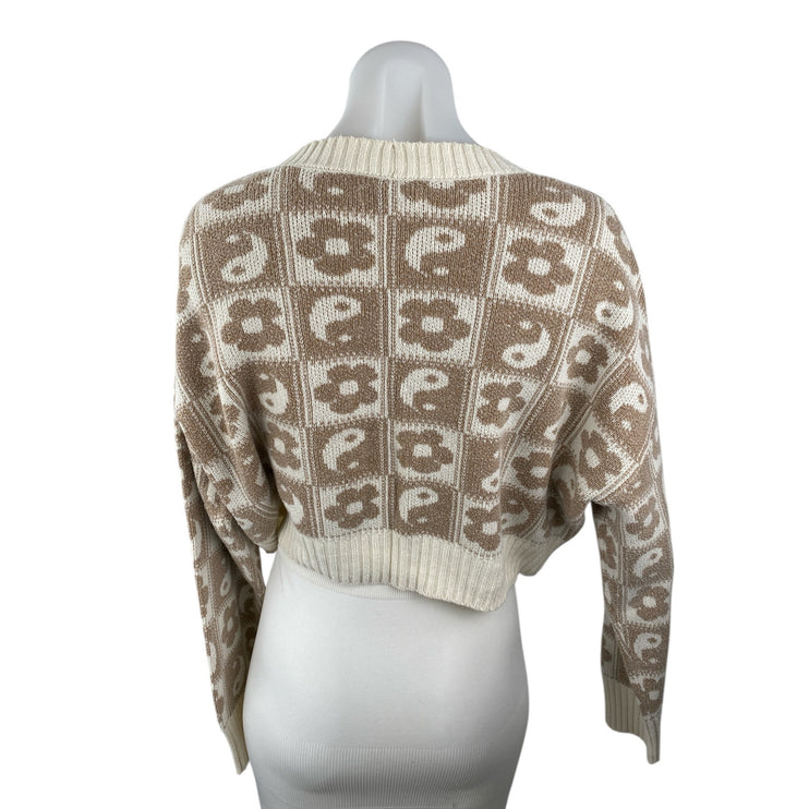 American Eagle Women's Beige Floral Yin Yang Crop Button Up Cardigan Sweater M