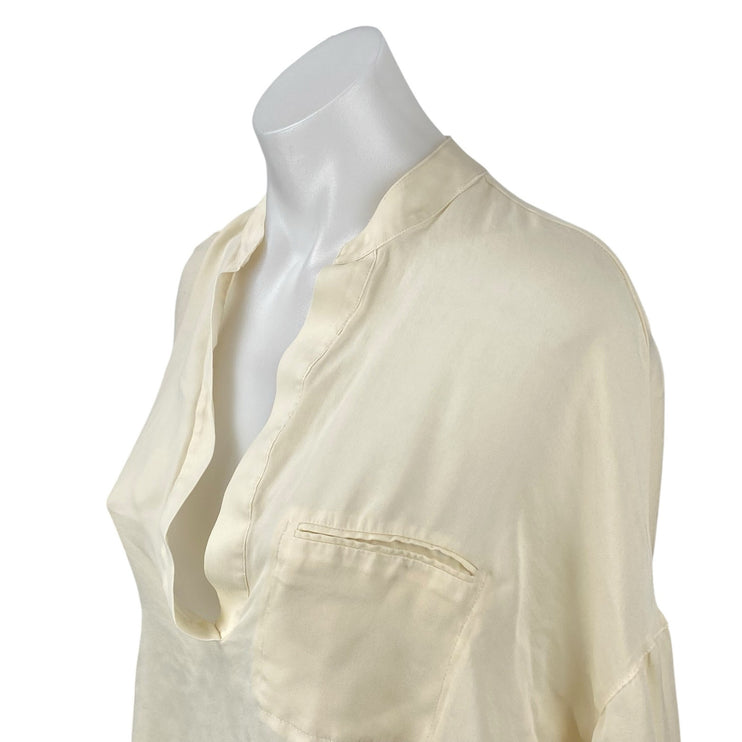 Vince 100% Silk Women's Cream V Neck Long Sleeve Tunic Henley Shirt Blouse Top S