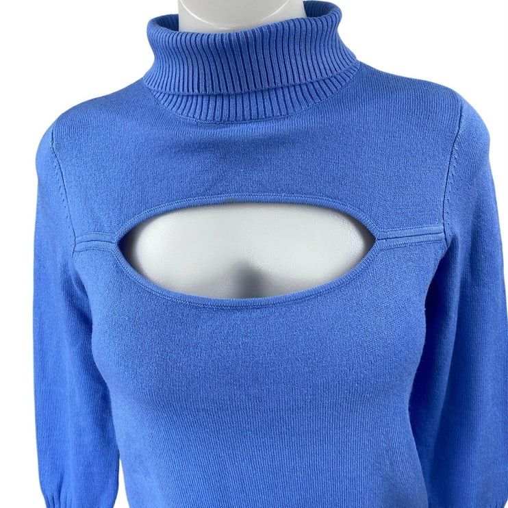 French Connection Blue Long Balloon Sleeve Turtleneck Cut Out Sweater Top Sz XS