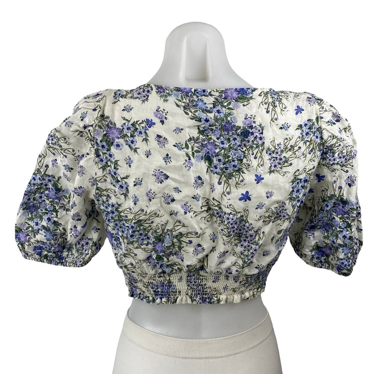 & Other Stories Blue White Floral Short Puff Sleeve Smocked Crop Blouse Top 4