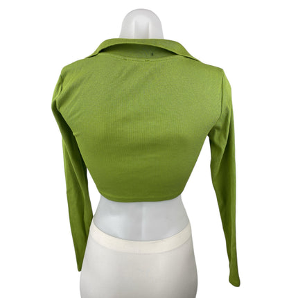 Zara Women's Green Rib Knit Collared V Neck Long Sleeve Crop Polo Shirt Top Sz S