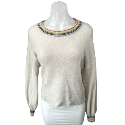 Madewell Gladwell White Rainbow Trim Knit Long Sleeve Pullover Sweater Top Sz S