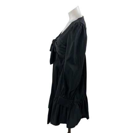 NEW Zara Black Taffeta Style Long Puff Sleeve Front Tie Bow Ruffles Mini Dress S