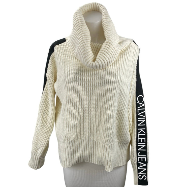Calvin Klein Jeans Cream Ribbed Knit Long Sleeve Cowl Neck Sweater Top Size L