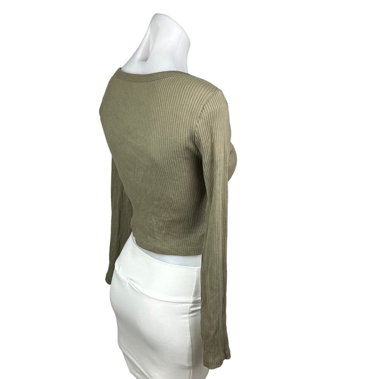 Uniqlo Women's Olive Green Ribbed Knit Scoop Neck Button Up Cropped Top Size S