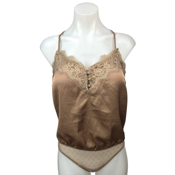 Abercrombie & Fitch Brown Tan Silk Satin Lace Cami Camisole Bodysuit Top Size S