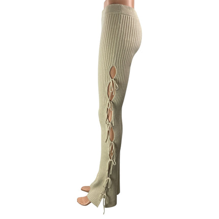 NEW GUIZIO Beige High Waist Ribbed Knit Side Tie Straight Flared Trouser Pant XS