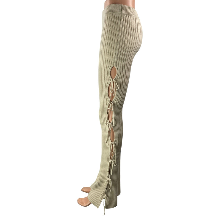 NEW GUIZIO Beige High Waist Ribbed Knit Side Tie Straight Flared Trouser Pant XS