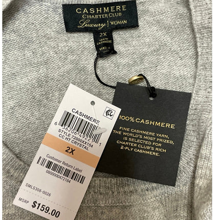 NEW Charter Club Women's Gray 100% Cashmere Long Sleeve Knit Sweater Top Size 2X