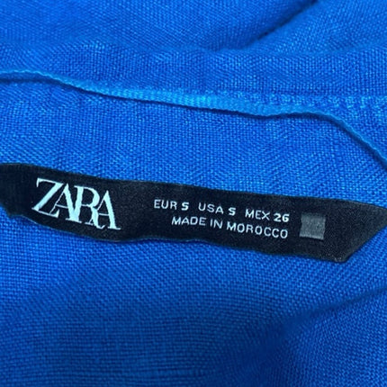 Zara Blue 100% Linen Half Sleeve Pocket V Neck Button Front Shirt Top Size S
