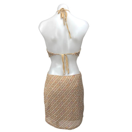 NEW Molly Green Brown Sleeveless Knitted Halter Tie Cutout Mini Pencil Dress L
