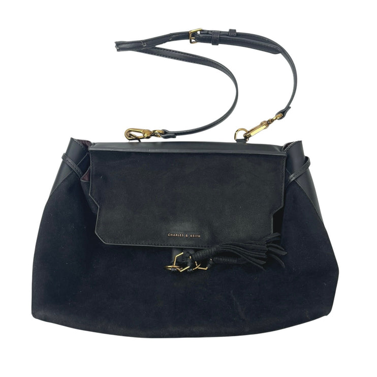 Charles & Keith Black 2-Way Tassel Faux Leather Shoulder Front Flap Backpack OS