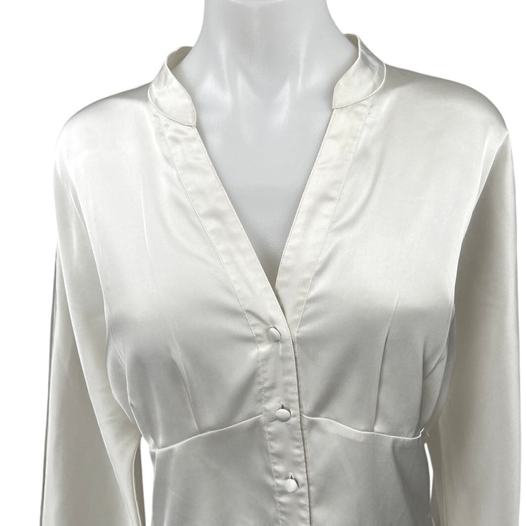 Dialogue White Silk Satin Button Down V-neck Long Sleeve Shirt Blouse Top Size L