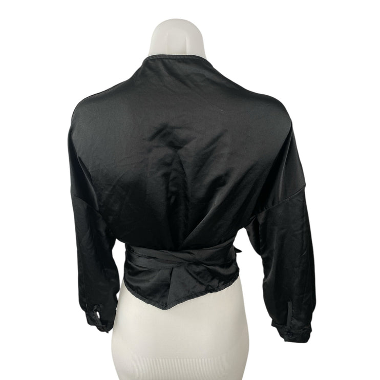 Boohoo Women's Black Silk Satin Long Sleeve Tie Cropped Wrap Blouse Top Size S