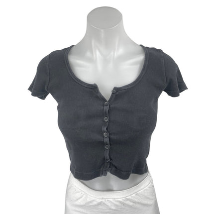 Brandy Melville Black Short Sleeve Ribbed Knit Button Up T Shirt Crop Top Size S