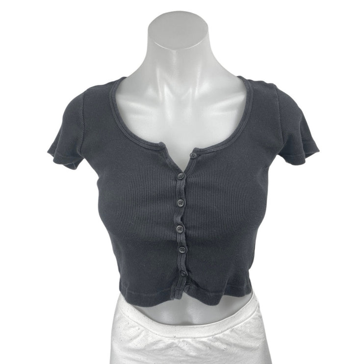Brandy Melville Black Short Sleeve Ribbed Knit Button Up T Shirt Crop Top Size S