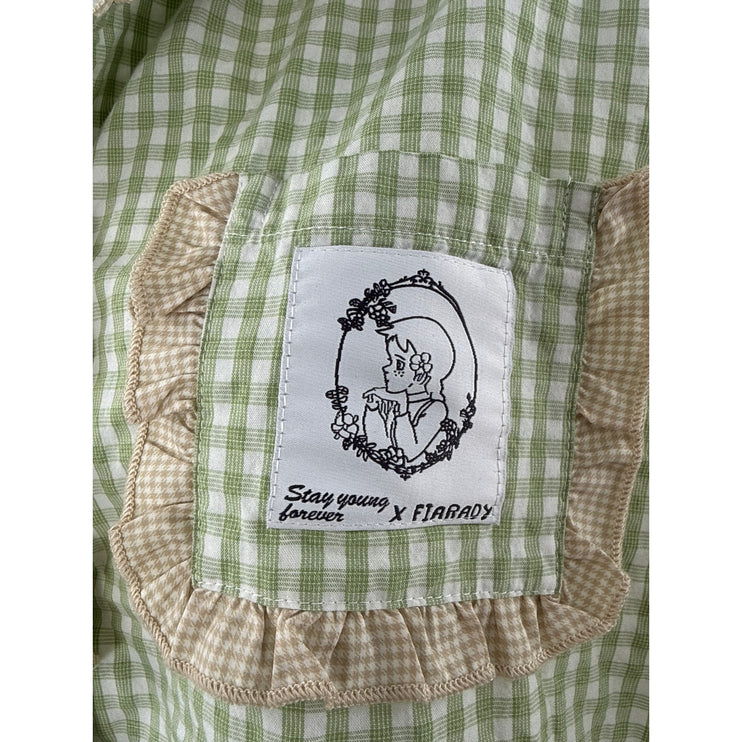 Fiarady Green Gingham Check Ruffle Button Up Shirt Short Sleepwear Pajama Set XL