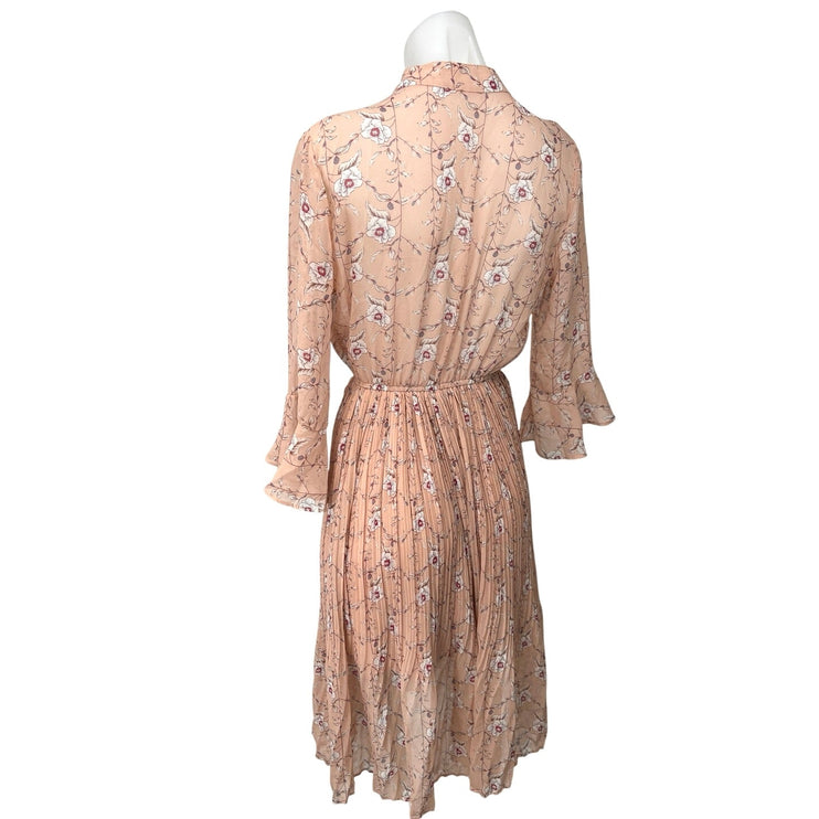 Homysu Women's Pink Floral Pleated 3/4 Sleeve Tie Neck A Line Midi Dress Size S