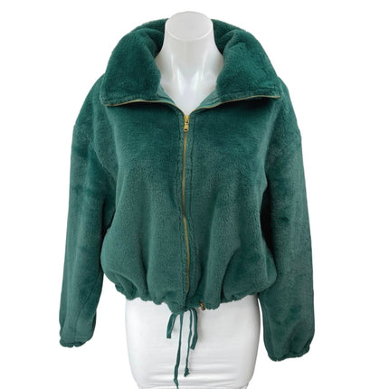 Be Fore Dawn Women's Green Faux Fur Sherpa Fleece Full Zip Sweater Coat Jacket 8