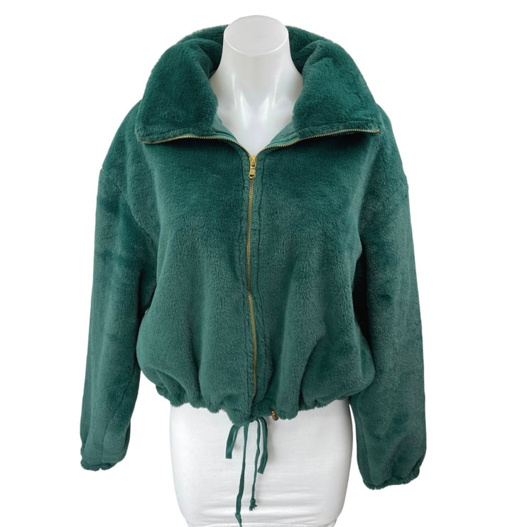 Be Fore Dawn Women's Green Faux Fur Sherpa Fleece Full Zip Sweater Coat Jacket 8