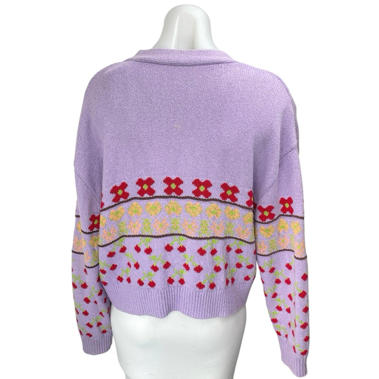 Zara Purple Cherry Floral Knit Long Sleeve Cardigan Sweater Tank 2 Pc Set Size S