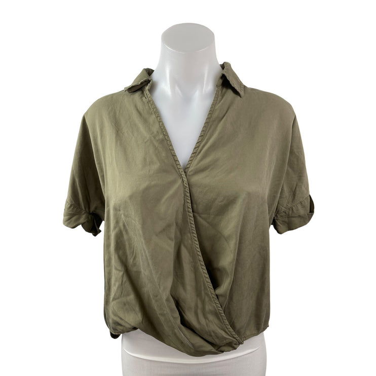 Lou & Grey for Loft Women's Green Collared Short Sleeve Wrap Front Blouse Top S