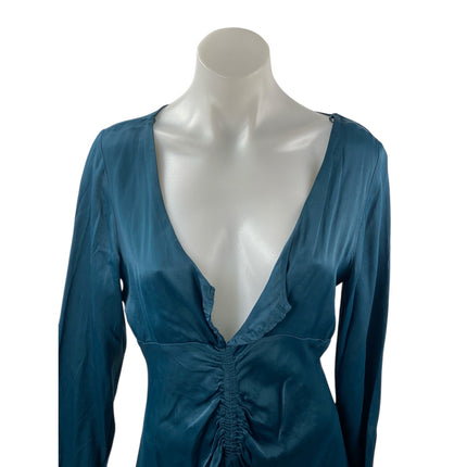 Zara Green Silky Satin Ruched V Neck Long Sleeve Mini Flare A-Line Dress Size M