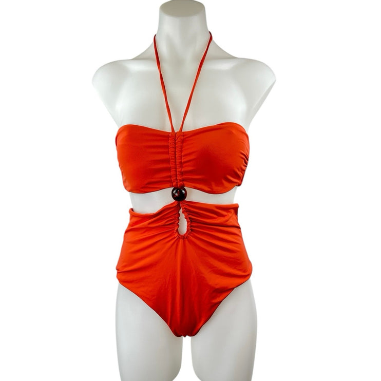 Zara Coral Sleeveless Halter Cutout Bandeau Ornament One Piece Swimsuit Size S