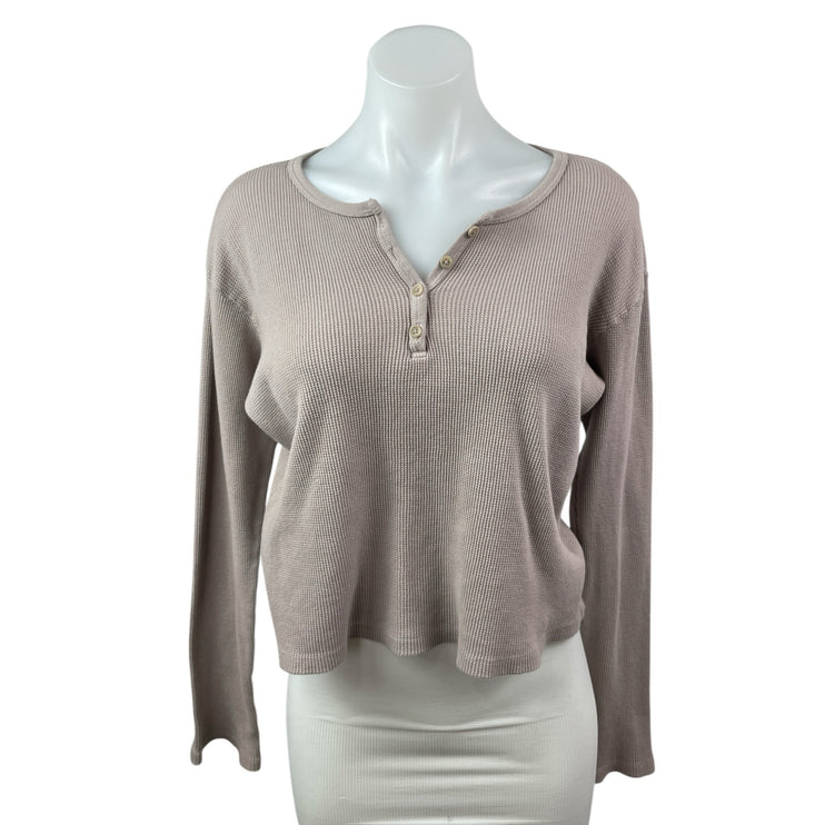 Brandy Melville Beige Taupe Waffle Knit Long Sleeve Henley Thermal Crop Top S/M