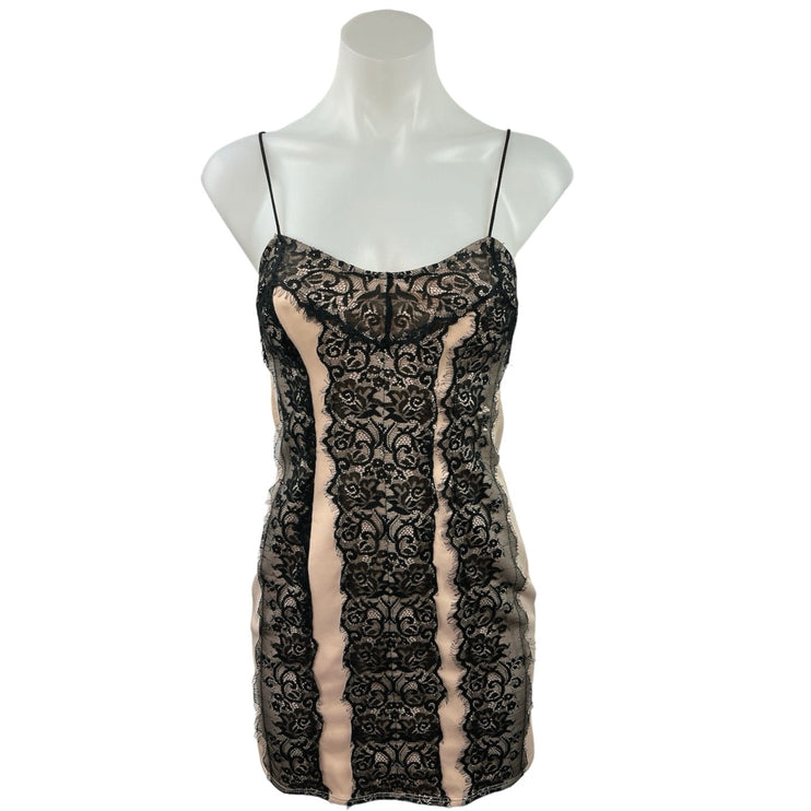 Lashez Black Floral Lace Overlay Spaghetti Strap Zipper Mini Bodycon Dress Sz 8