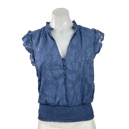 Haver Women's Blue Floral Embroidered Ruffle V Neck Smocked Blouse Top Size M
