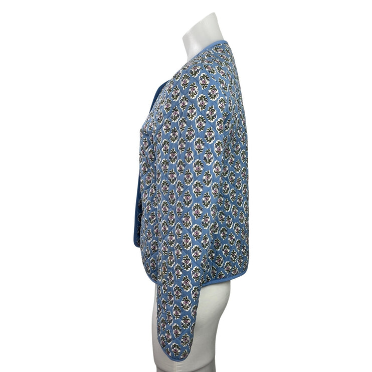 J.Crew Blue Floral Block-print Quilted Button Down Long Sleeve Coat Jacket Sz 4