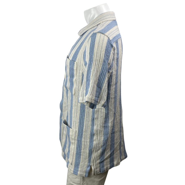 Todd Snyder Mens Blue Stripe Rib Knit Tailored Short Sleeve Button Down Shirt XL