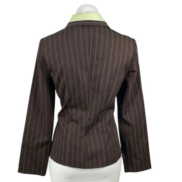 My Michelle Dark Brown Pinstriped Long Sleeve Button Up Blazer Coat Jacket 8
