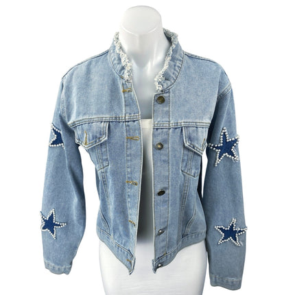 Women's Blue Star Beaded Long Sleeve Frayed Button Up Denim Jean Jacket Size M