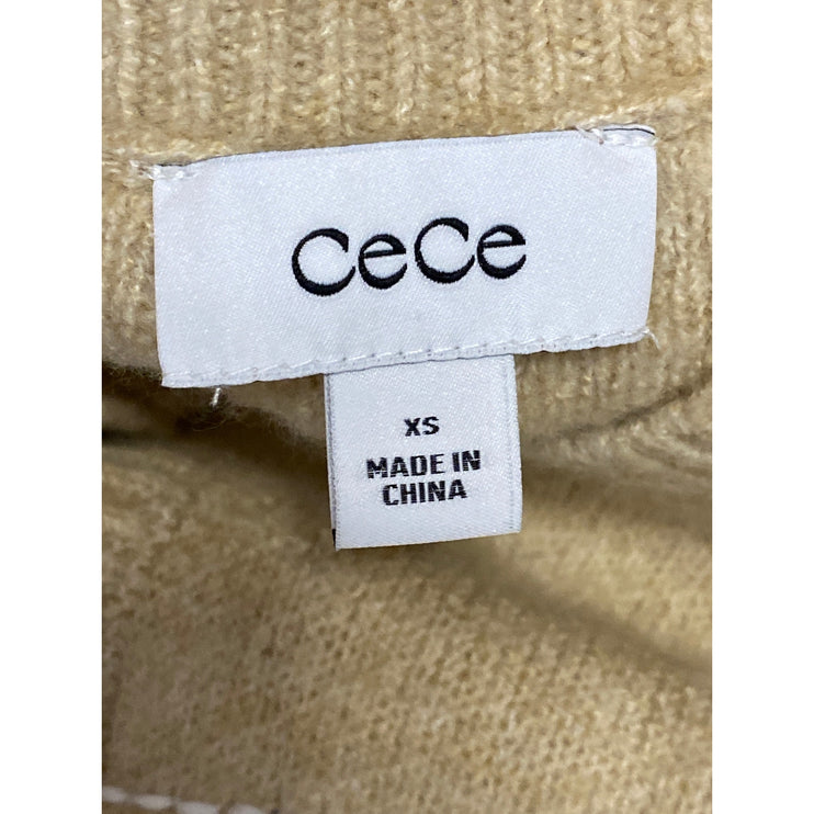 Cece Women's Tan Beige Knit Pocket Crewneck Button Down Cardigan Sweater Top XS