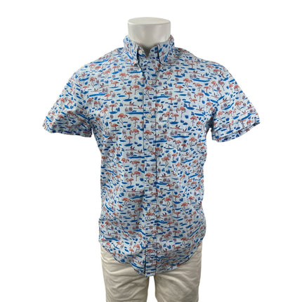J.Crew Mens Blue Flamingo Print Short Sleeve Pocket Button Down Shirt Top Size M
