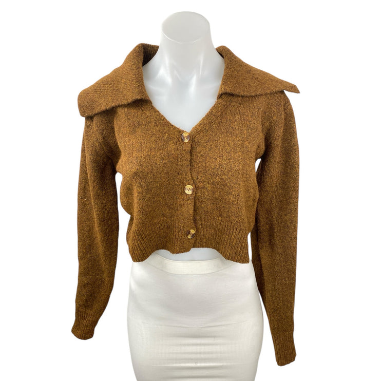 Commense Womens Brown Knit Long Sleeve Button Down Crop Cardigan Sweater Top S