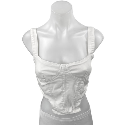 Zara White Denim Sleeveless Zip Crop Bandeau Bustier Corset Vest Tank Top Size S