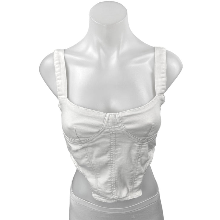 Zara White Denim Sleeveless Zip Crop Bandeau Bustier Corset Vest Tank Top Size S