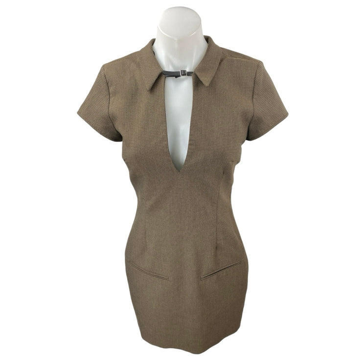 Zara Tan Short Sleeve Buckle Strap Pocket Collared Plunge V Neck Mini Dress XS