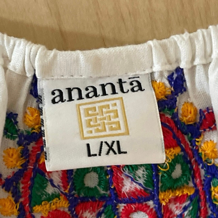 Ananta White Embroidered Tassel Sleeveless Boho Summer A Line Maxi Dress L/XL