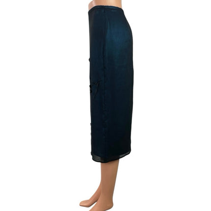 Mixit Blue 100% Silk Embroidered Floral High Waist Midi Pencil Skirt Size S