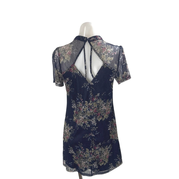 Blue Rain Women's Floral Sheer Flutter Sleeve Cut Out Midi A-Line Shift Dress S