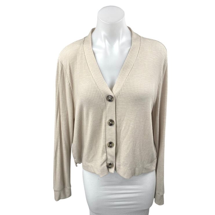 Ann Taylor LOFT Women's Cream Rib Knit V-neck Button Up Cardigan Sweater Top L