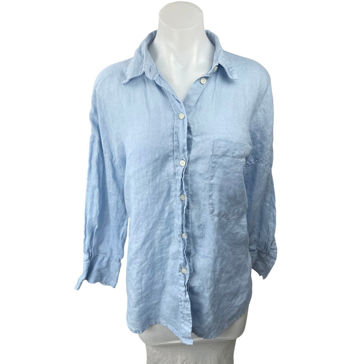 Zara Women's Blue 100% Linen Pocket Long Sleeve Button Down Shirt Top Size M