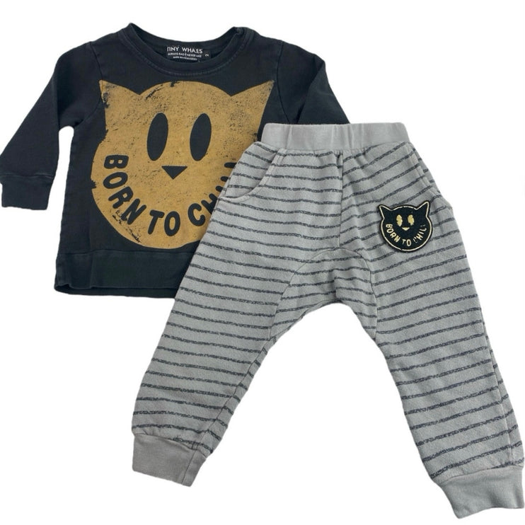 Tiny Whales Kids Boys Black Stripe Born To Chill Long Sleeve Pajama 2 Pc Set 2