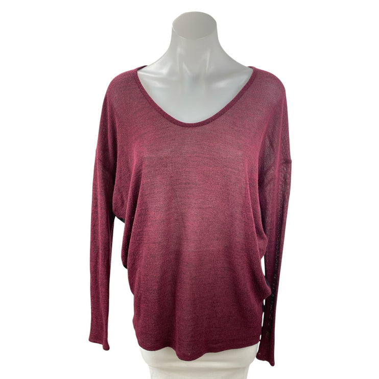Francesca's Red Sheer Mesh Back V Neck Long Sleeve Tunic Blouse Sweater Top Sz L