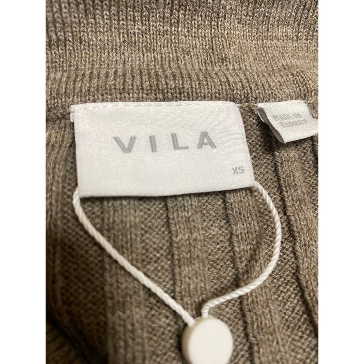 Vila Beige Long Sleeve Rib Knit Collared Button Up Bodycon Sweater Midi Dress XS